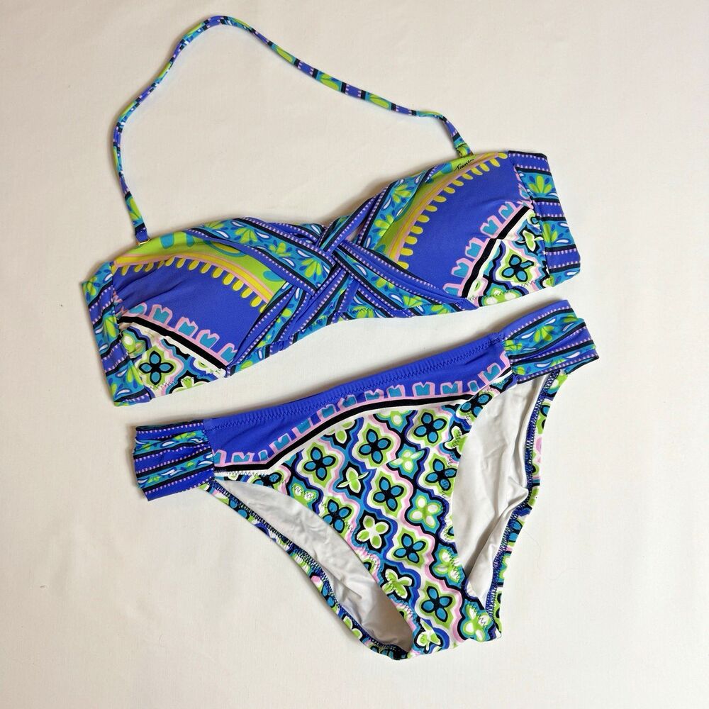 Trina Turk Bikini Shangri La Sz 8 Bandeau Top & Shirred Side Bottom Swimsuit Set